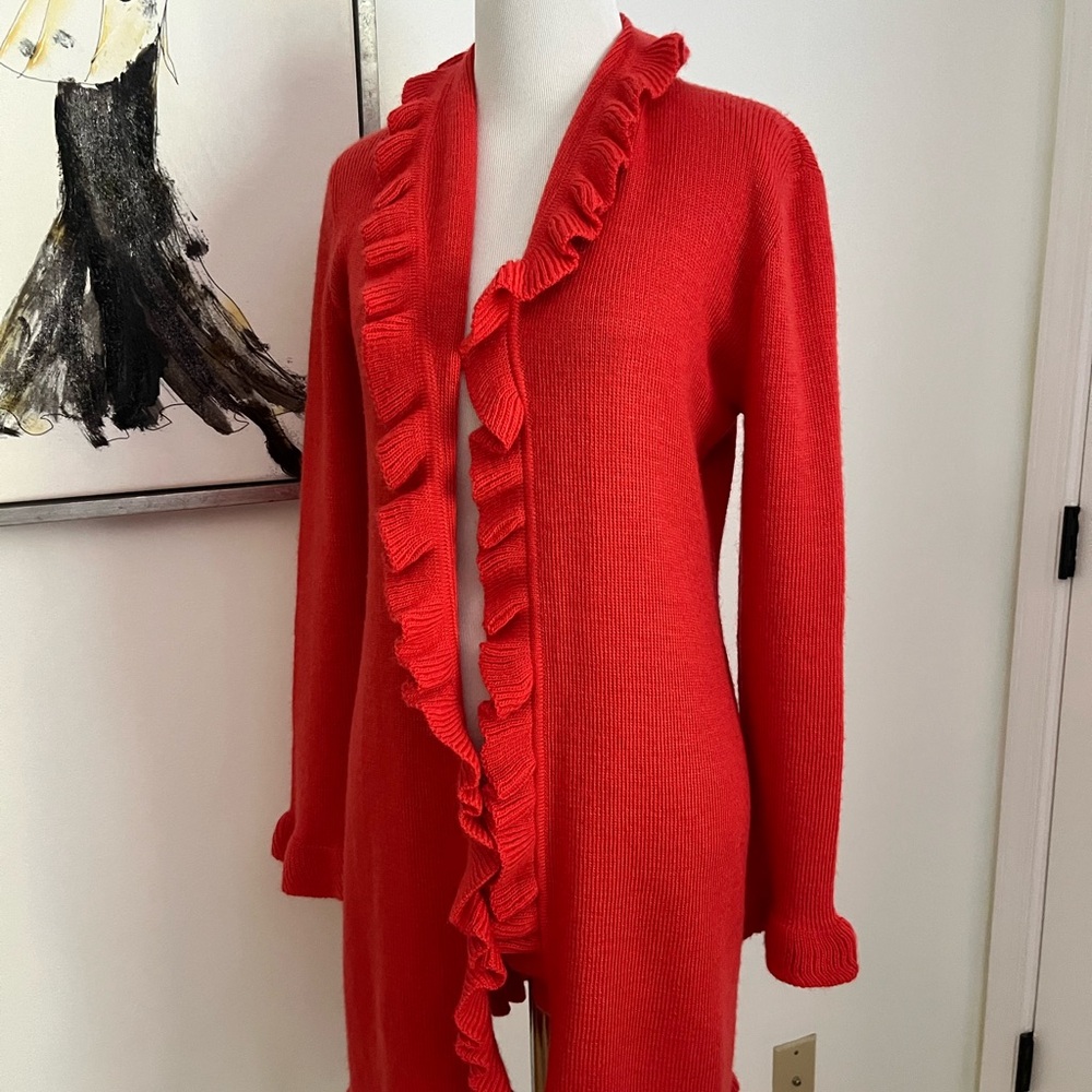 Alpaca Fina Red Wool Open Front Ruffle Cardigan Size Small
